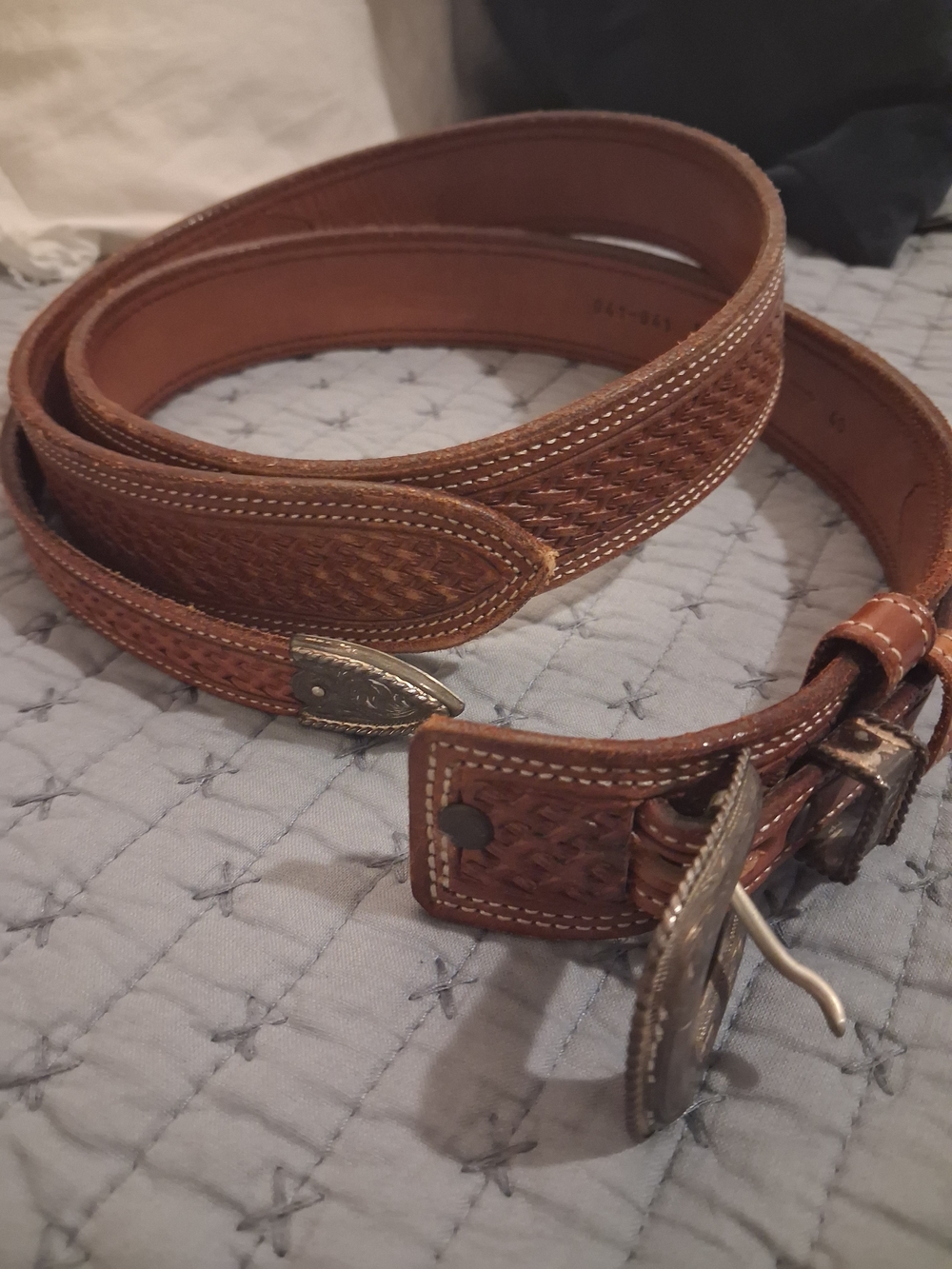 VOGT MARKED Sterling Silver Buckle Woven Leather Belt Classic Western Style